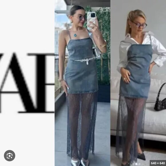 Zara $89  LACE DENIM DRESS BLUE GREY 6045/003 NWT S M L - Picture 1 of 13